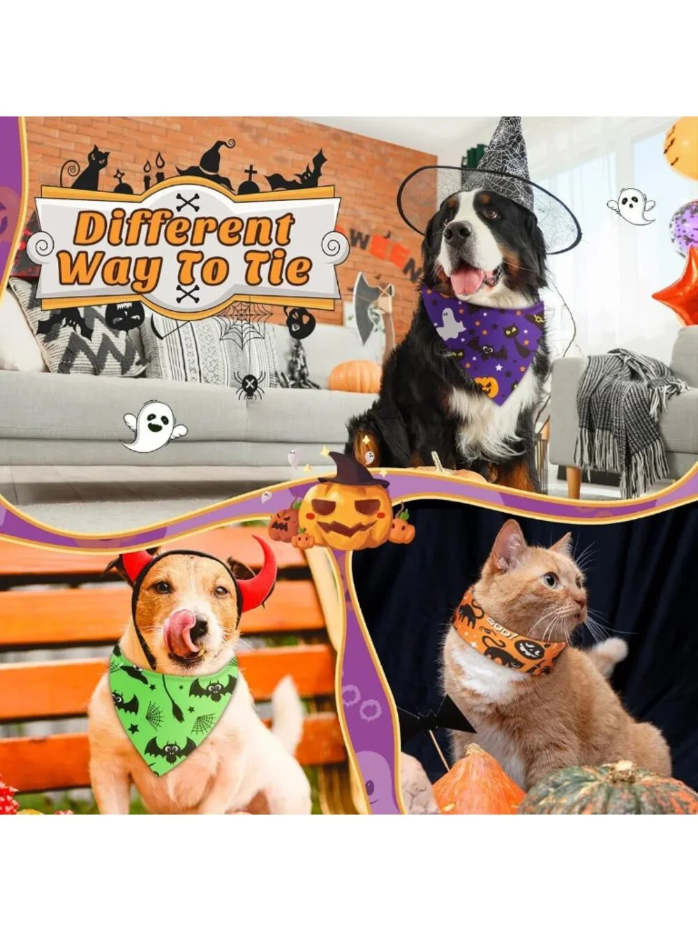 200 Pcs Halloween Dog Bandanas - Pumpkin, Ghost, Bat & Spider Web Designs